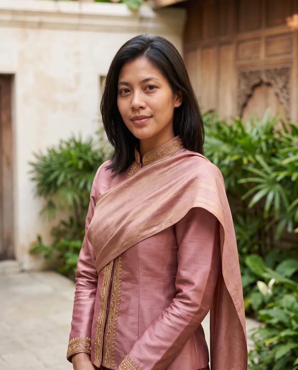 AI portrait in traditional Thai clothing with a garden backdrop — example 1