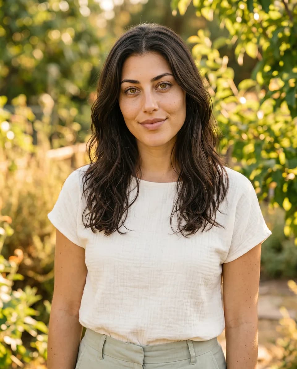 Outdoor AI portrait in warm evening light — the same woman
