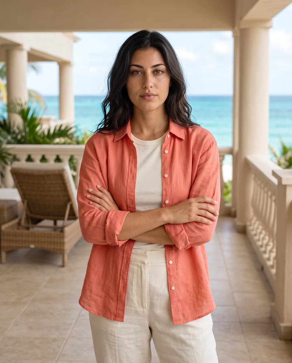 Coastal AI portrait with relaxed resort styling — the same woman